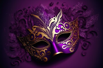 Amazing and beautiful carnival mask with golden and purple tones. Fun time. Generative AI