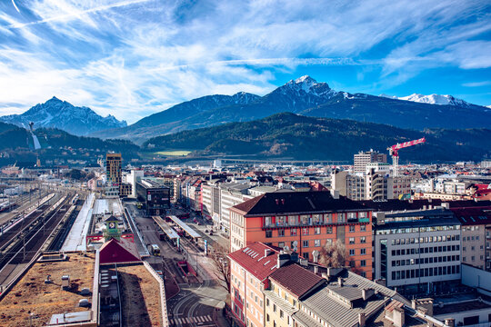 The capital of Austria&rsquo;s western state of Tyrol. View of the alps and the famous Bergisel ski jumping tower.