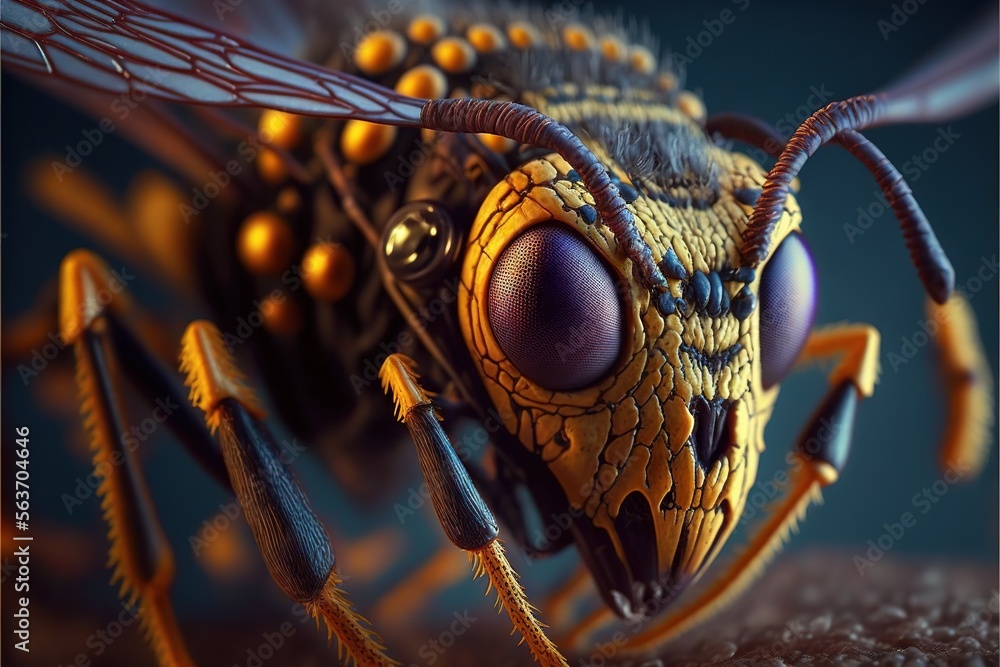 Aufkleber a close up of a fly insect with a blue background and yellow wings and a black background with a blu