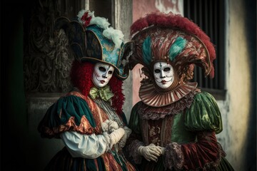 Fototapeta na wymiar Image of the Venice carnival. Traditional amazing venetian costumes. Generative AI