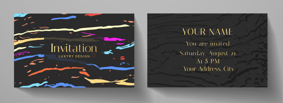 Invitation card with colorful abstract paint texture (rainbow line pattern, curves) on black background. Trendy stripe template for invite design, prestigious Gift card, voucher or name card