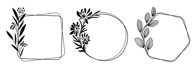 Botanical monochrome frames with flowers and leaves. Hand-drawn vector wreath for logo, invitation, wedding, tag, funeral card, obituary. Black linear drawing on a white background with space for text
