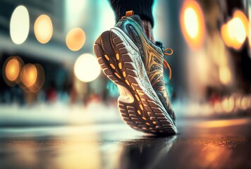 Fototapeta na wymiar illustration of sports shoes, running through a modern street, image generated by AI