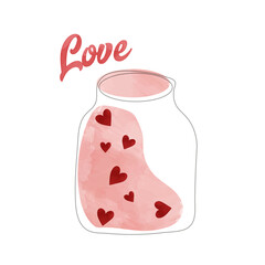 A cute cartoon jar filled with heart. Love and valentine's day concept. Hand drawn jar with a love message. Colorful trendy vector illustration for greetings, postcard, cards.