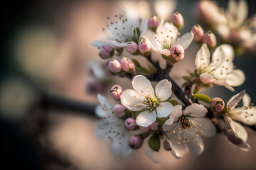 Beautiful flowers on a tree in spring close-up. Sakura blossom close-up. Generated by AI