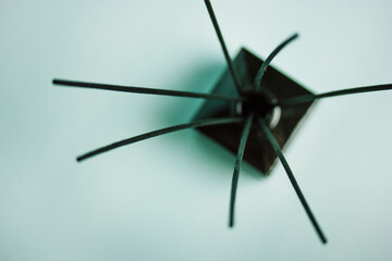 Aroma diffuser in a black glass jar with black bamboo sticks on a light blue background top view selective focus. A fragrance for home flatly. Decor, details for a cozy modern interior.
