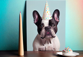 Portrait von einem Hund mit Partyhut und Geburtstagstorte am Geburtstag feiern vor pastellfarbenen Hintergrund - Generative Ai