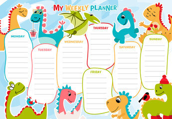 Weekly planner with funny dinosaurs. Class schedules from Monday to Sunday. Vector children's flat illustration with cartoon characters for elementary school or kindergarten.
