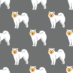 Seamless pattern with cute white dogs on gray background. Modern design for fabric and paper, surface textures.	
