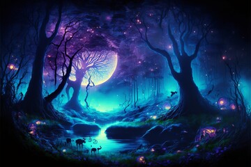 Fantasy landscape, magical night, fairy tale forest Generative AI