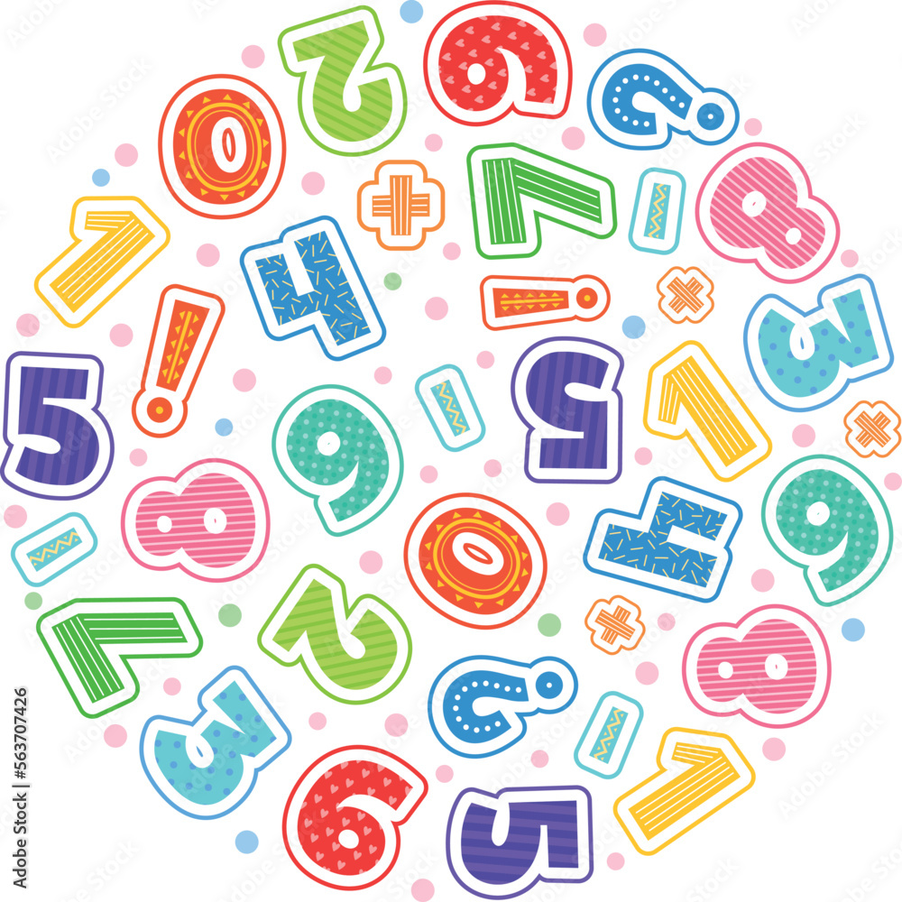 Poster numbers in circle. design template with decorative alphabet numbers lettering background in cartoon 