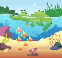 Swiming alligator. underwater life with wild aggresive animal reptile. Vector background