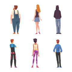 Man and Woman Character Standing Back View Vector Set
