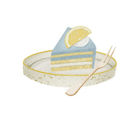 Watercolor piece of blue lemon pancake cake at the ceramic plate, hand drawn isolated illustration