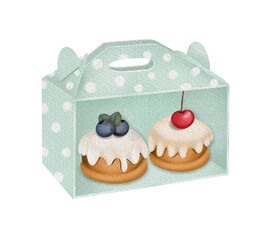 Watercolor mint box with glazed fruit cakes, isolated illustration