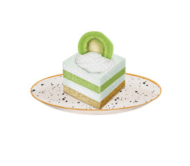 Watercolor piece of kiwi pancake cake at the ceramic plate, hand drawn isolated illustration