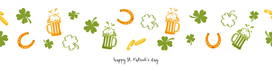 Horizontal endless border with clover, horseshoe and beer on a white background. Seamless repeat pattern. Cartoon doodles. Vector design for packaging, postcards, banners. Happy St. Patrick's Day.