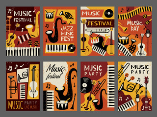 Music placards. Posters or concept cards with different orchestral tools and instruments recent vector music banners