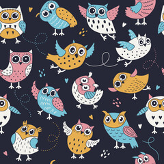 Owl pattern. Textile design project with decorative boho style birds flying owls recent vector seamless template