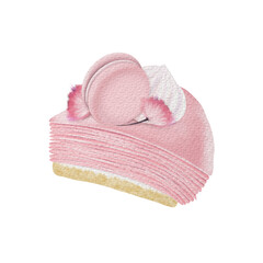 Watercolor piece of pink pancake cake, hand drawn isolated illustration