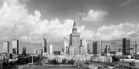 Fototapeta na wymiar Cityscape, black and white image - view of the business center of Warsaw with skyscrapers and the Palace of Culture and Science. Poland
