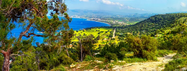 Abwaschbare Fototapete Zypern Mediterranean landscape, panorama, banner - top view from the mountain range on the Akamas Peninsula near the town of Polis, the island of Cyprus, Republic of Cyprus