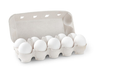 Cardboard container with ten eggs on white background with shadow - Powered by Adobe