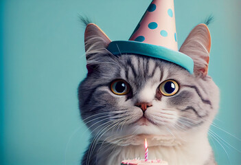 Portrait von einer Katze mit Partyhut und Geburtstagstorte am Geburtstag feiern vor pastellfarbenen Hintergrund - Generative Ai