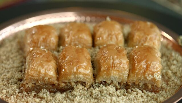Traditional turkish baklava pistachio pastry. Dilberdudagi, ozel kesim baklava, cikolatali baklava, fistikli baklava, katmer, fistikli kadayif, kattafi, fistik sarma, soguk baklava, midye baklava, cev