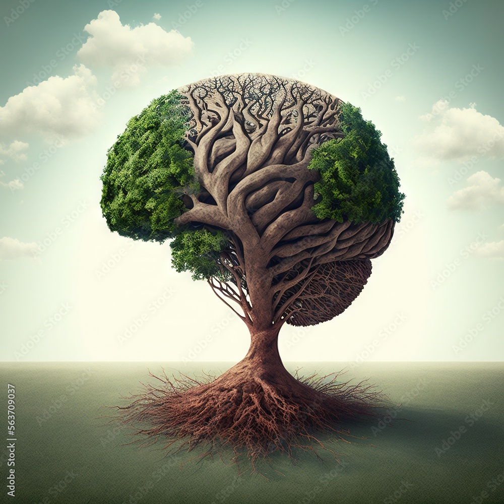 Aufkleber a tree with a lot of roots growing out of it's trunk and a sky background with clouds above it, with