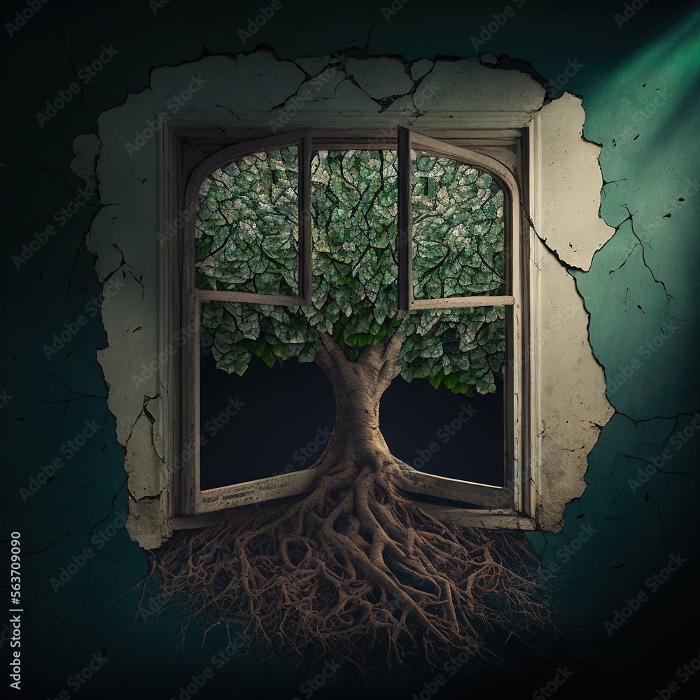 Poster a tree with its roots growing out of a window with a green light coming through it and a green light
