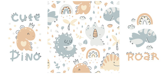 Fototapeta premium Baby dino print and seamless pattern set. Cute hand drawn dinosaur characters in a simple cartoon doodle style in a limited gender neutral palette. Ideal for fabric, textile, clothing printing.