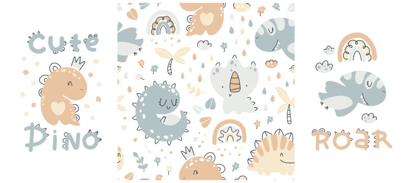 Baby dino print and seamless pattern set. Cute hand drawn dinosaur characters in a simple cartoon doodle style in a limited gender neutral palette. Ideal for fabric, textile, clothing printing. © Світлана Харчук