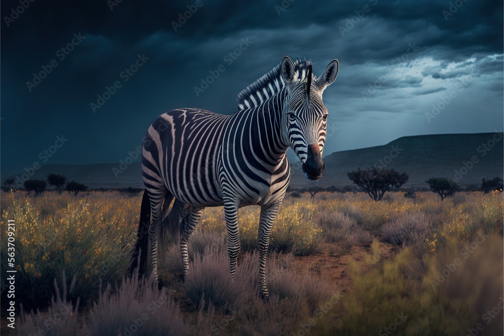 Poster a zebra standing in a field with a dark sky in the background and a storm cloud in the sky above it,