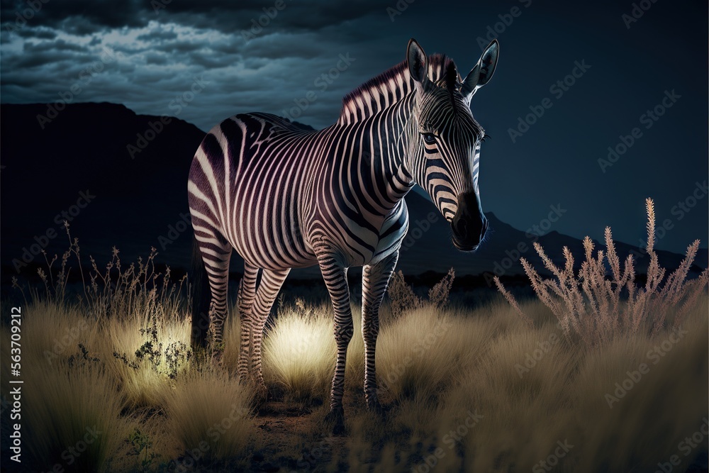 Poster a zebra standing in a field at night with a full moon in the background and a dark sky with clouds a
