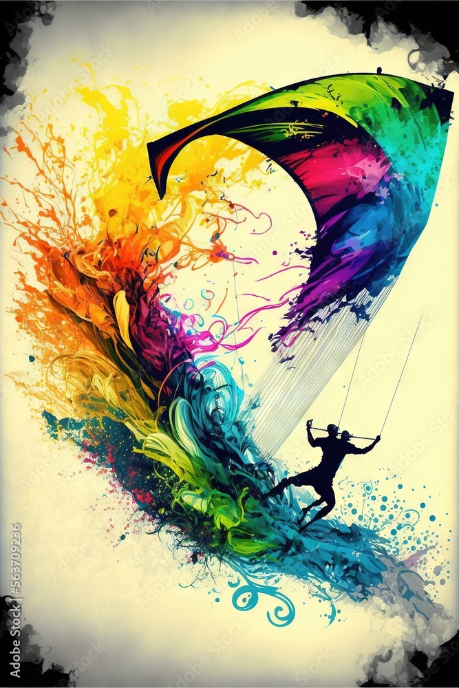 Poster a man is flying a colorful kite in the sky with a splash of paint on it's side and a splash of water