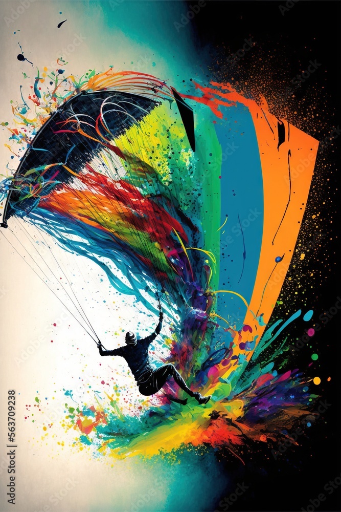Poster a person is flying a colorful kite in the air with a splash of paint on it's side and a black backgr
