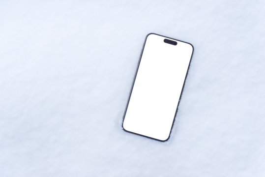 Phone in snow with isolated display in white color for mockup, app design presentation