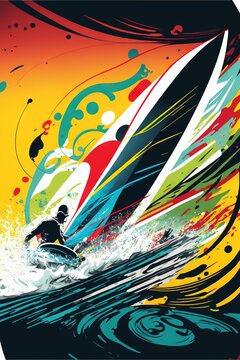  a person riding a surfboard on top of a wave, with a vibrant and colorful painting in the background The person is wearing a wetsuit and a helmet, and the surfboar