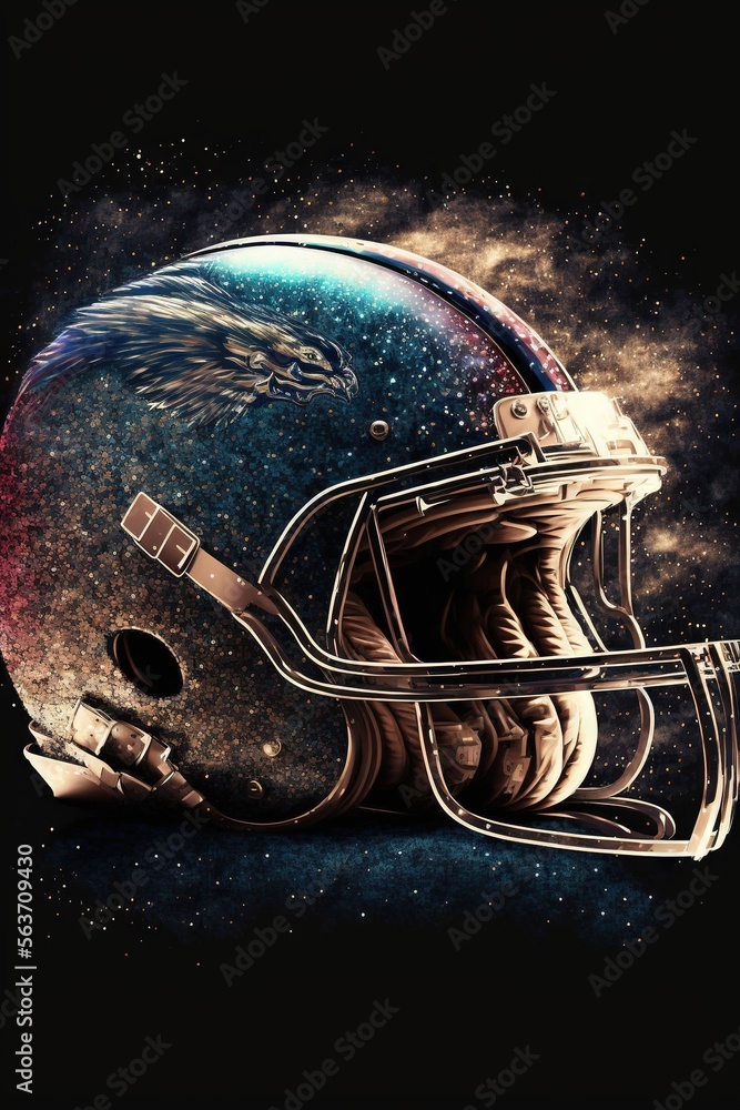 Poster a football helmet with a space background and a eagle on it's side, with the words eagles on it's si