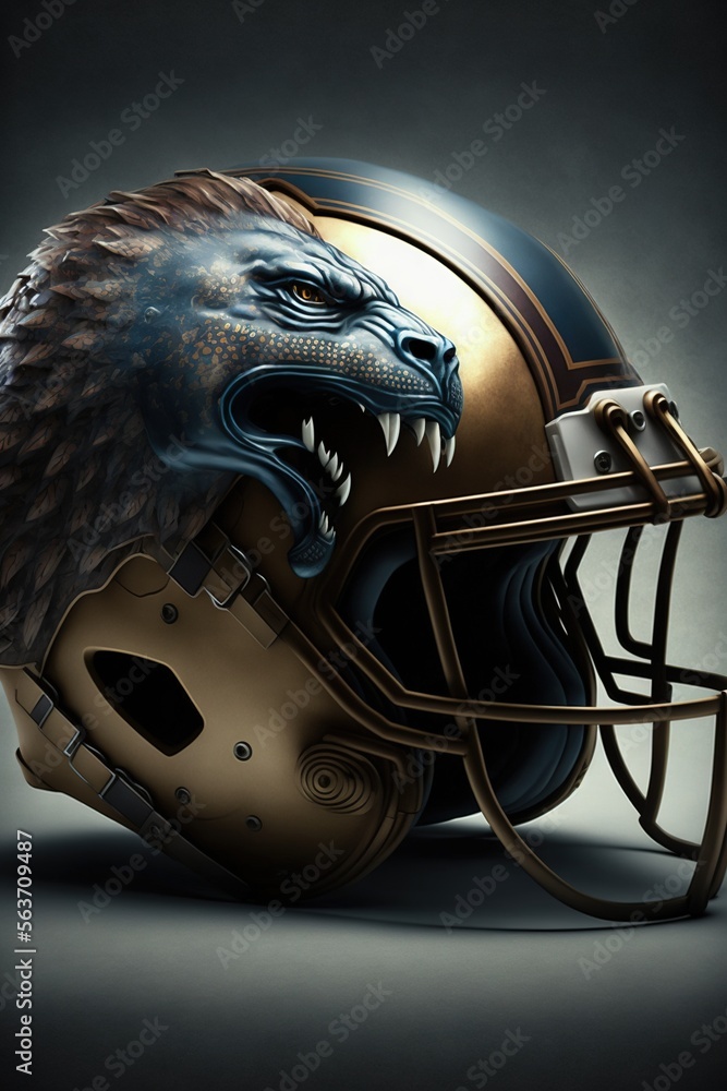 Poster a football helmet with a lion head on it's side and a black background with a gold stripe around the