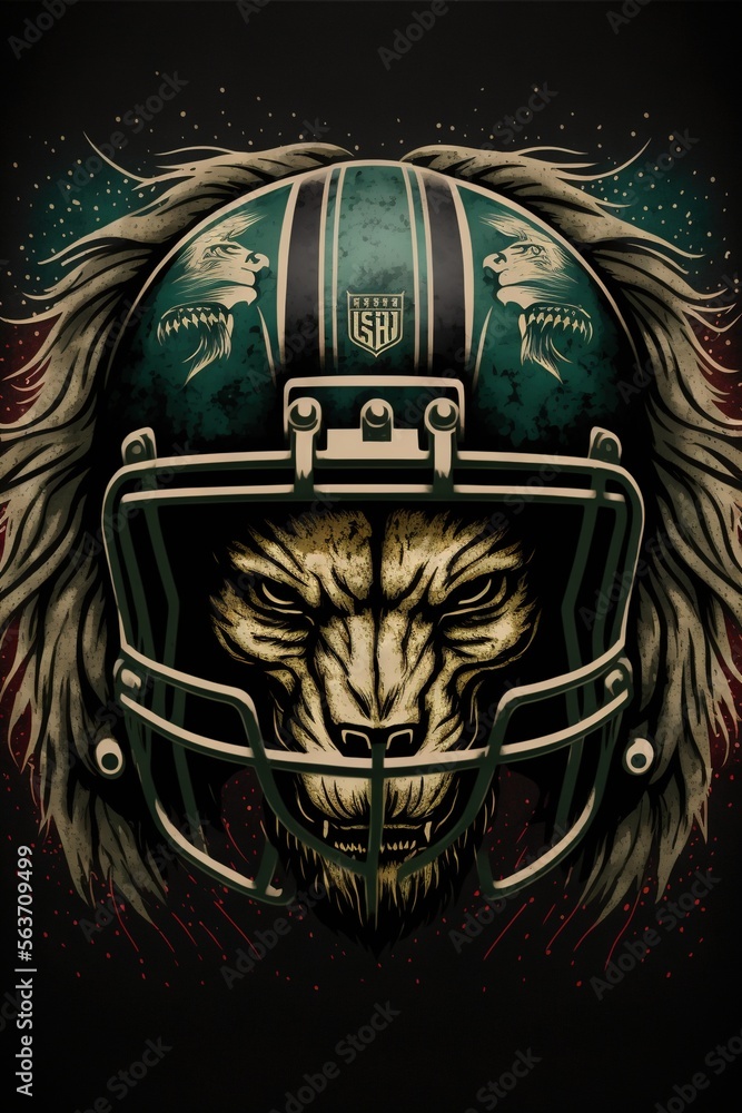 Poster a football helmet with a wolf's head on it's side and a helmet with wings on it's side, with a backg