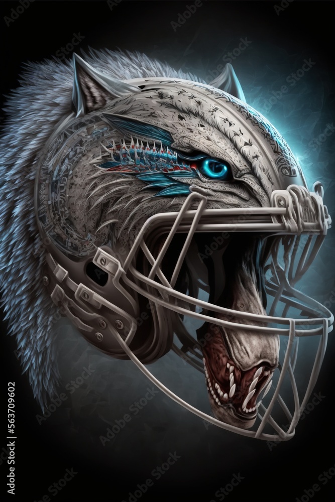 Poster a football helmet with a wolf's face painted on it's side and a blue light behind it that is shining
