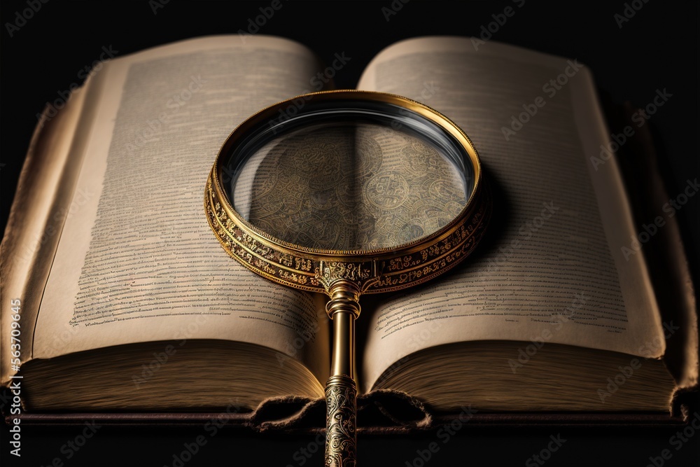 Poster  a magnifying glass over an open book on a table top with a black background and a black background with a black background and white border with a gold border Generative AI