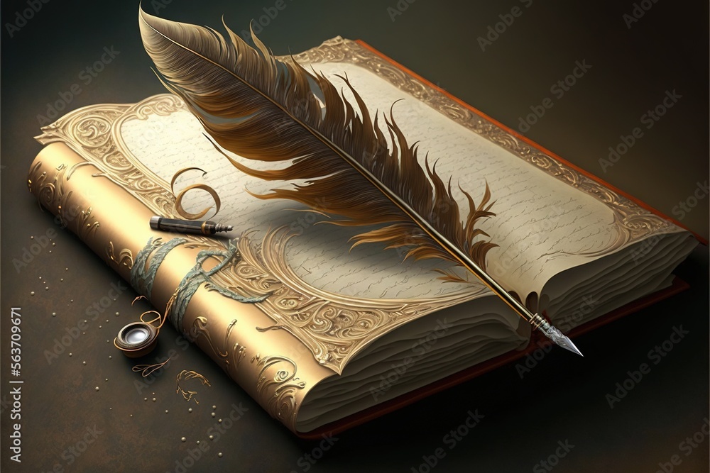 Poster a book with a feather pen and a ring on it, next to a pair of scissors and a pen on a table with a b