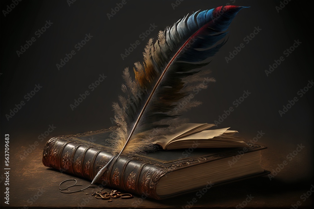 Poster a feather quill resting on a book with a key on the table next to it, on a dark background, with a f