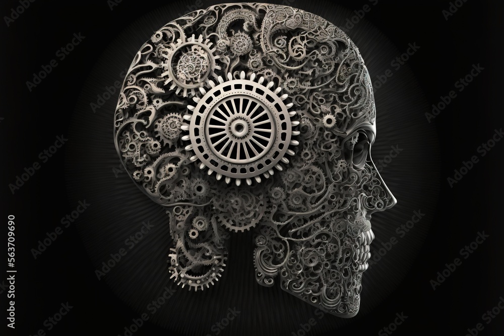 Poster a human head with gears and gears in the shape of a brain on a black background generative ai