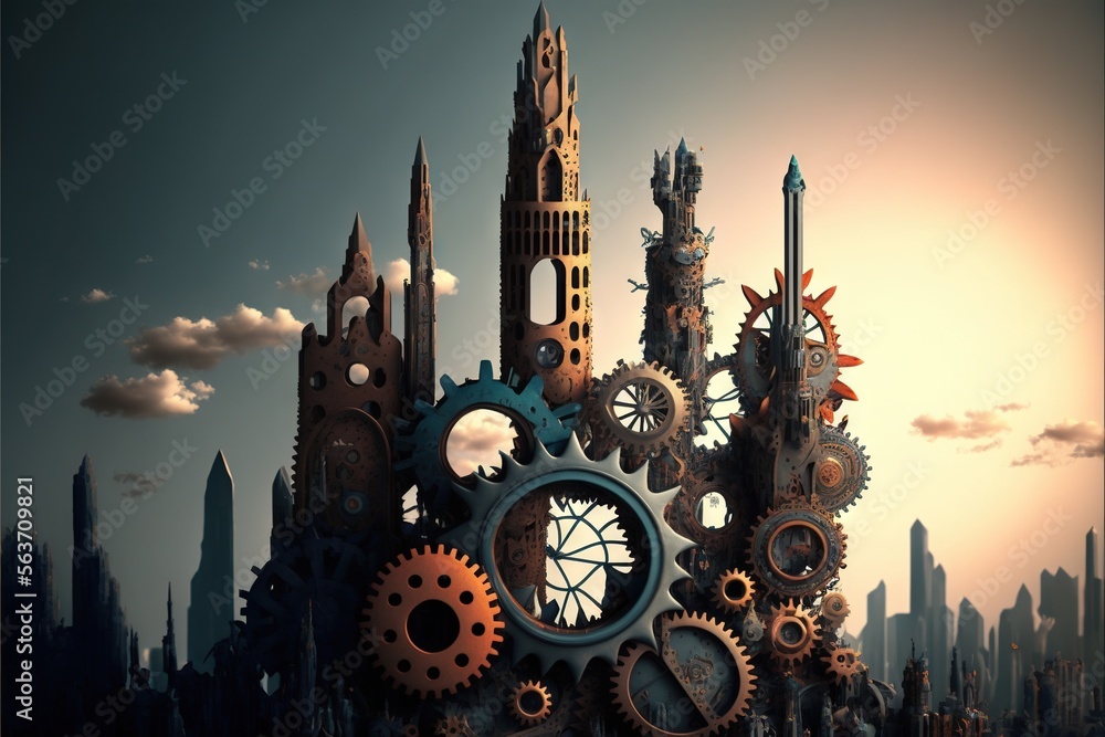 Poster a surreal image of a city with a clock and gears on it's face and a sky background with clouds and s