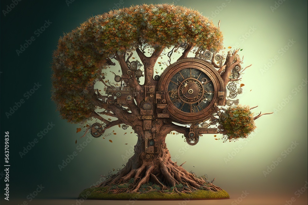 Poster a tree with a clock on it with many faces on it's sides and roots growing out of it, with a green ba