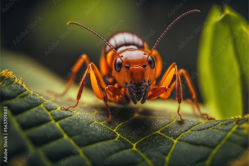 Poster a close up of a bug on a leaf with a blurry background of leaves and a green leaf with a black spot 